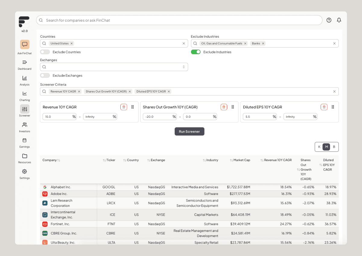 FinChat Screener Feature
