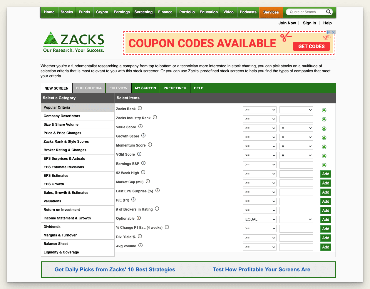 Zacks Stock Screener