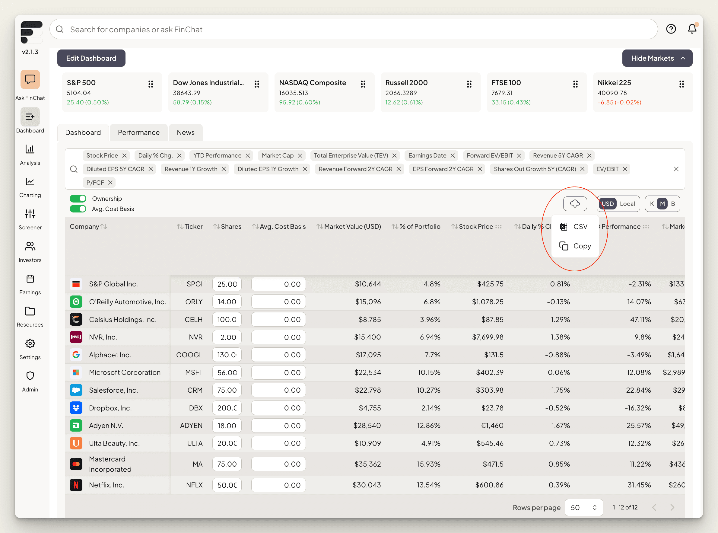 Exporting Data on FinChat