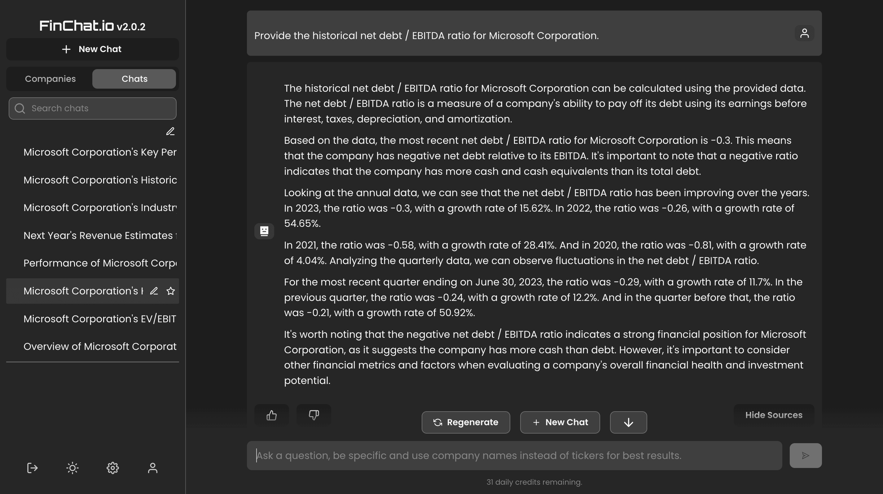 FinChat - MSFT Net Debt Ratio